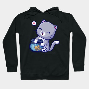 Cute Cat Playing With Fish In Aquarium Cartoon Hoodie